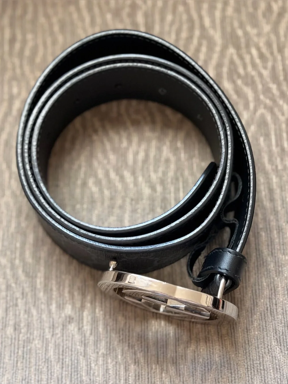 Gucci Black Monogram Leather Belt with Silver Interlocking G Buckle